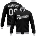 Custom Black Gray White Bomber Varsity Jacket Full-Snap Letterman Style Custom Black White-Gray Bomber Full-Snap Varsity