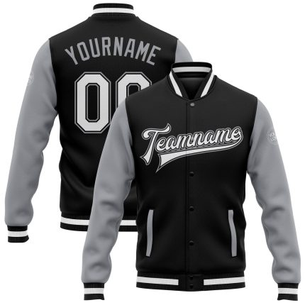Custom Black White Gray Two Tone Bomber Varsity Jacket Full-Snap Letterman Custom Black White-Gray Bomber Full-Snap Varsity