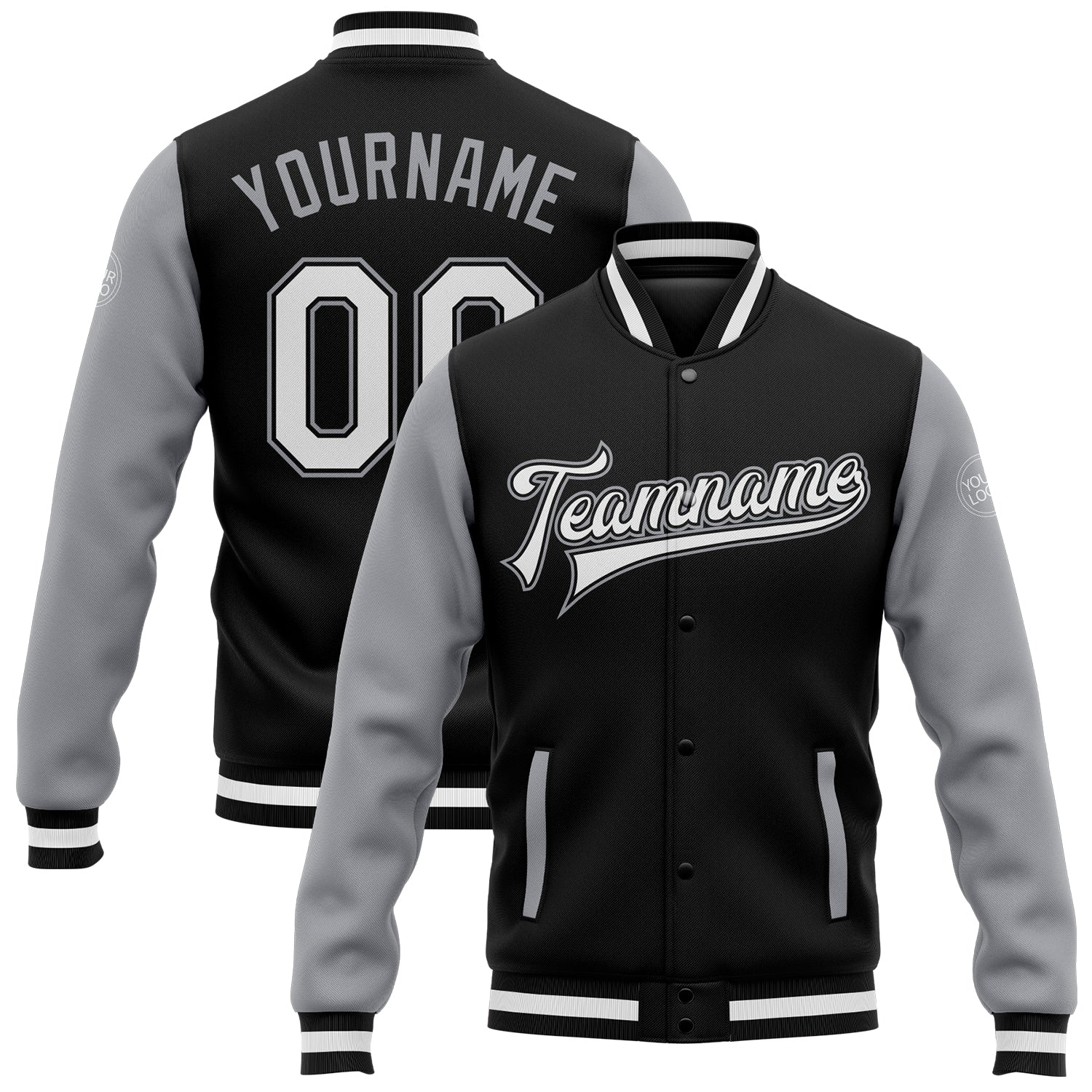 Custom Black White Gray Two Tone Bomber Varsity Jacket Full-Snap Letterman Custom Black White-Gray Bomber Full-Snap Varsity