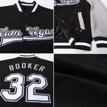 Custom Black White Gray Two Tone Bomber Varsity Jacket Full-Snap Letterman Custom Black White-Gray Bomber Full-Snap Varsity