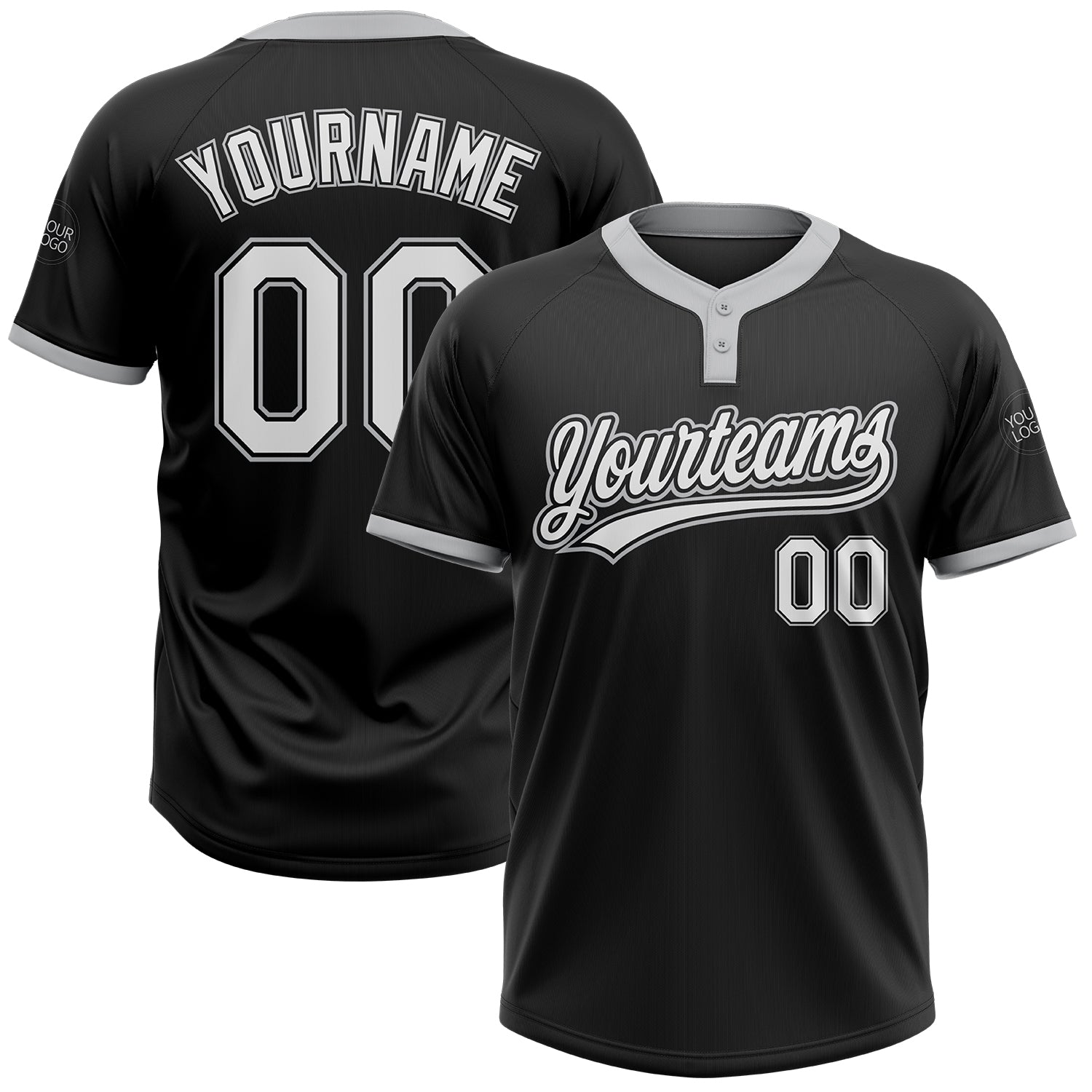 Custom Unisex Softball Jersey Black White Gray Two-Button Design Custom Black White-Gray Two-Button Unisex Softball Jersey