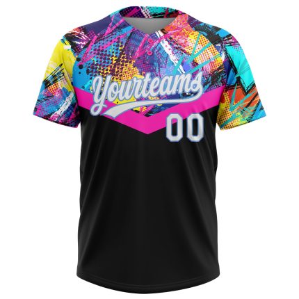 Custom black, white and light blue softball jersey, back view