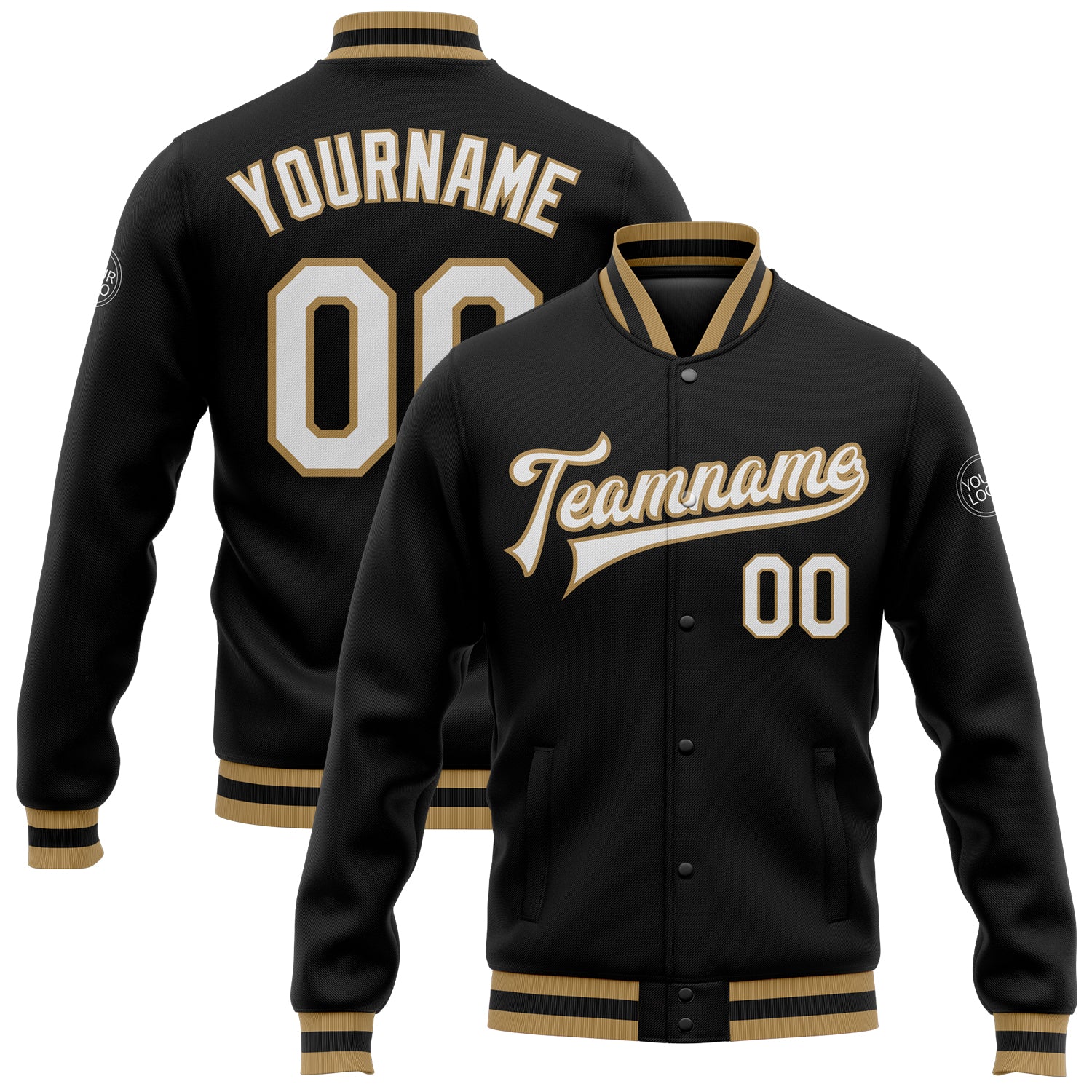 Custom Varsity Letterman Jacket - Black White Old Gold Full-Snap Bomber Style Custom Black White-Old Gold Bomber Full-Snap