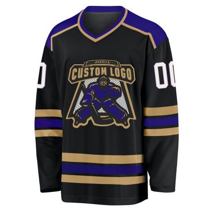 Custom Black White Old Gold Purple Hockey Jersey for Men and Women, Personalized Team Apparel Custom Black White Old Gold-Purple