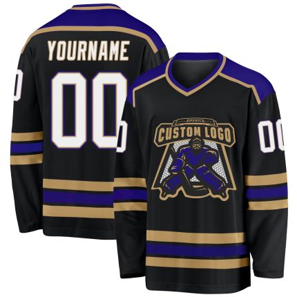 Custom Black White Old Gold Purple Hockey Jersey for Men and Women, Personalized Team Apparel Custom Black White Old Gold-Purple