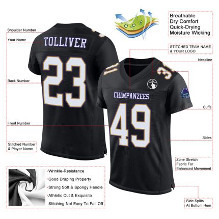Custom Black White Old Gold Purple Mesh Authentic Football Jersey for Men Custom Black White Old Gold-Purple Mesh Authentic