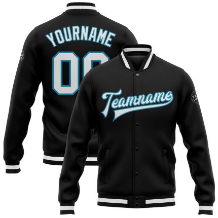 Black White Panther Blue Varsity Letterman Full Snap Bomber Jacket Custom Custom Black White-Panther Blue Bomber Full-Snap