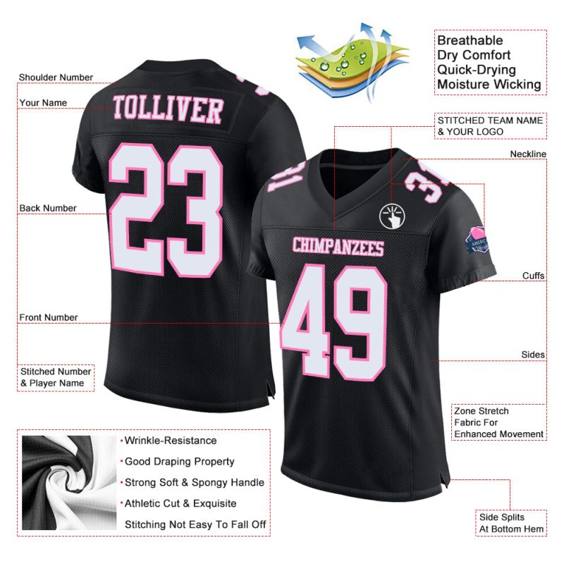Custom Black White-Pink Authentic Football Jersey - Personalized Mesh Sports Shirt Custom Black White-Pink Mesh Authentic