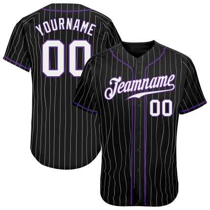 Custom Black White Pinstripe Baseball Jersey with Purple Accents - Authentic Design Custom Black White Pinstripe White-Purple