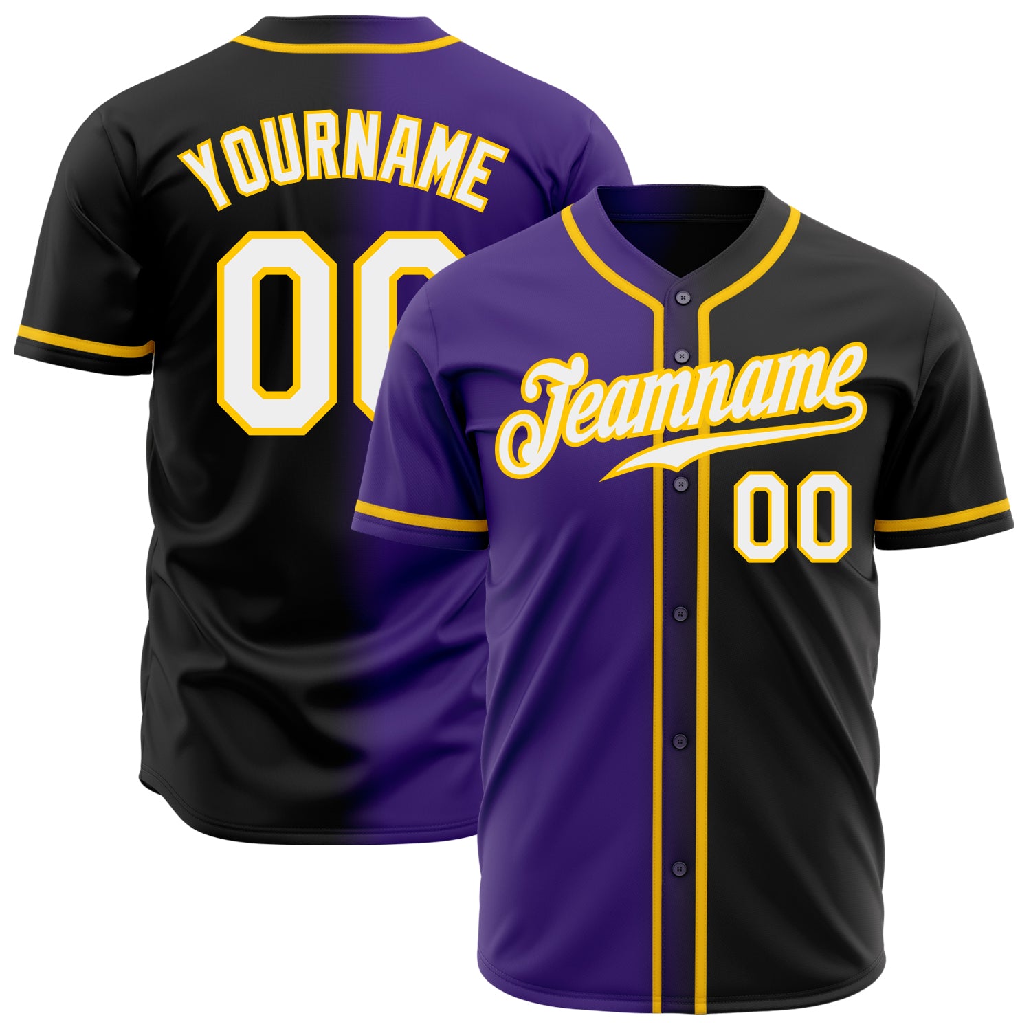 Custom Purple Gold Black White Fade Baseball Jersey - Authentic Fashion Style Custom Black White Purple-Gold Authentic Fade