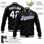Custom Black White Purple Gray Varsity Letterman Full-Snap Bomber Jacket Custom Black White Purple-Gray Bomber Full-Snap