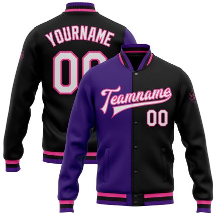 Custom Bomber Jacket Black White Purple Pink Snap Varsity Letterman Fashion Custom Black White Purple-Pink Bomber Full-Snap