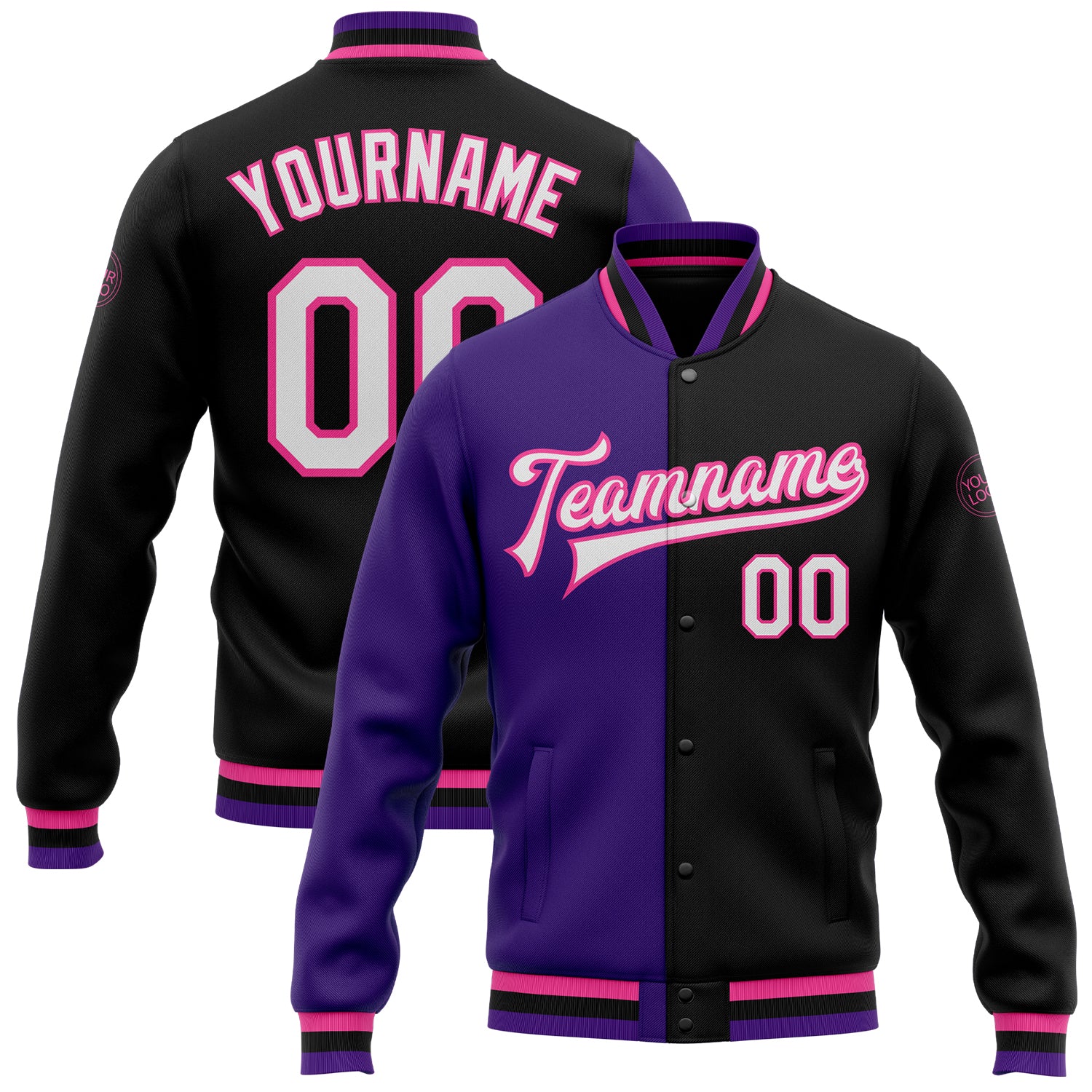 Custom Bomber Jacket Black White Purple Pink Snap Varsity Letterman Fashion Custom Black White Purple-Pink Bomber Full-Snap