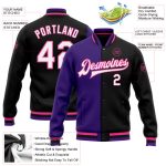 Custom Bomber Jacket Black White Purple Pink Snap Varsity Letterman Fashion Custom Black White Purple-Pink Bomber Full-Snap