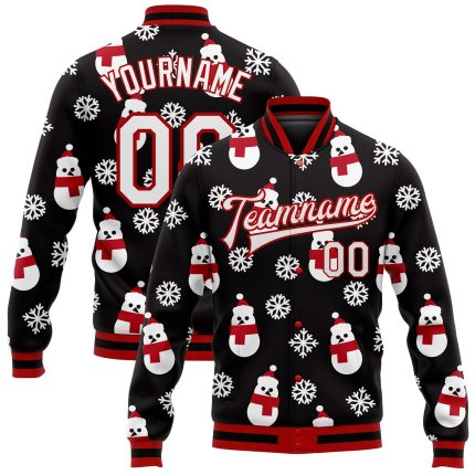 Custom Black White Red Christmas 3D Varsity Letterman Bomber Jacket Full-Snap Custom Black White-Red Christmas 3D Bomber