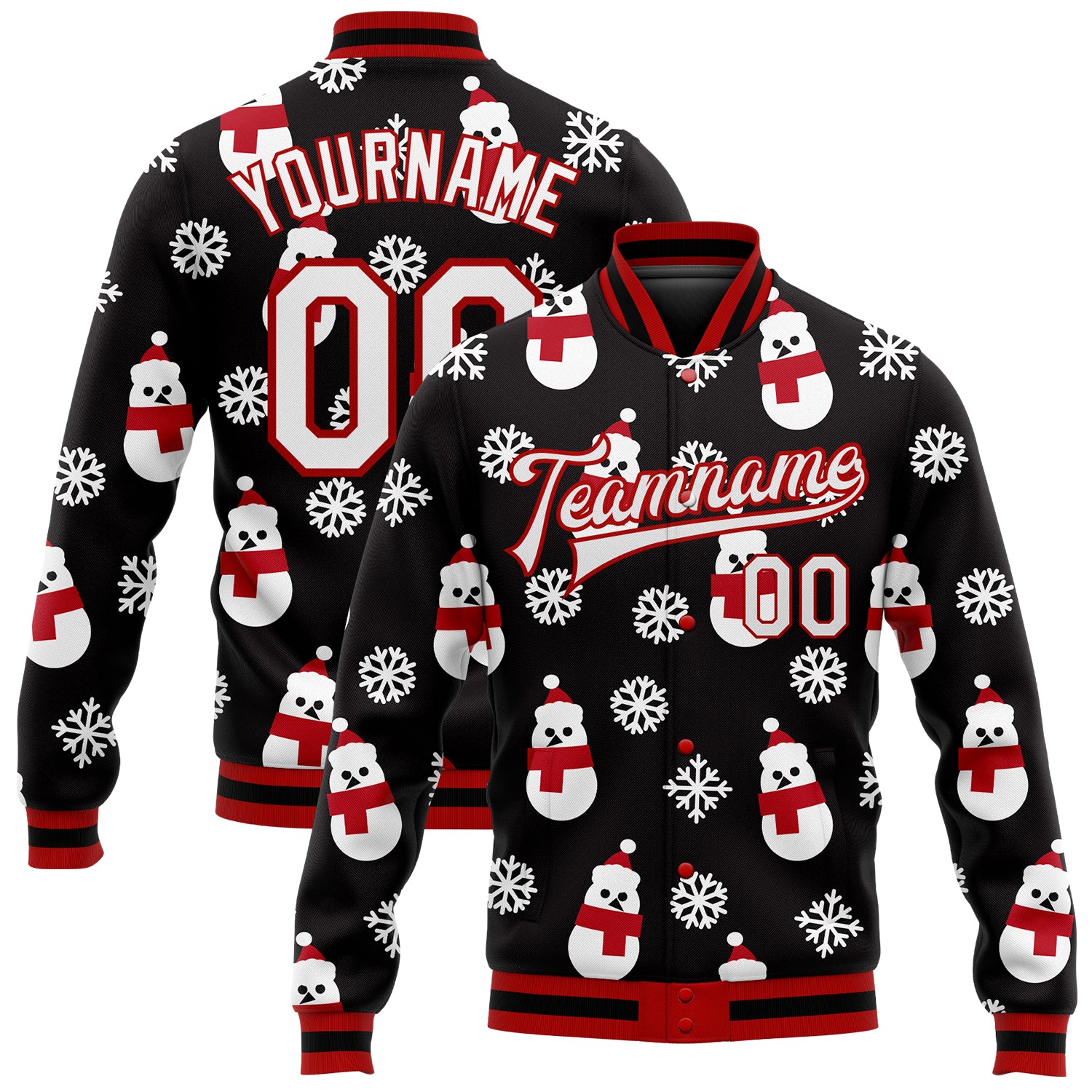 Custom Black White Red Christmas 3D Varsity Letterman Bomber Jacket Full-Snap Custom Black White-Red Christmas 3D Bomber