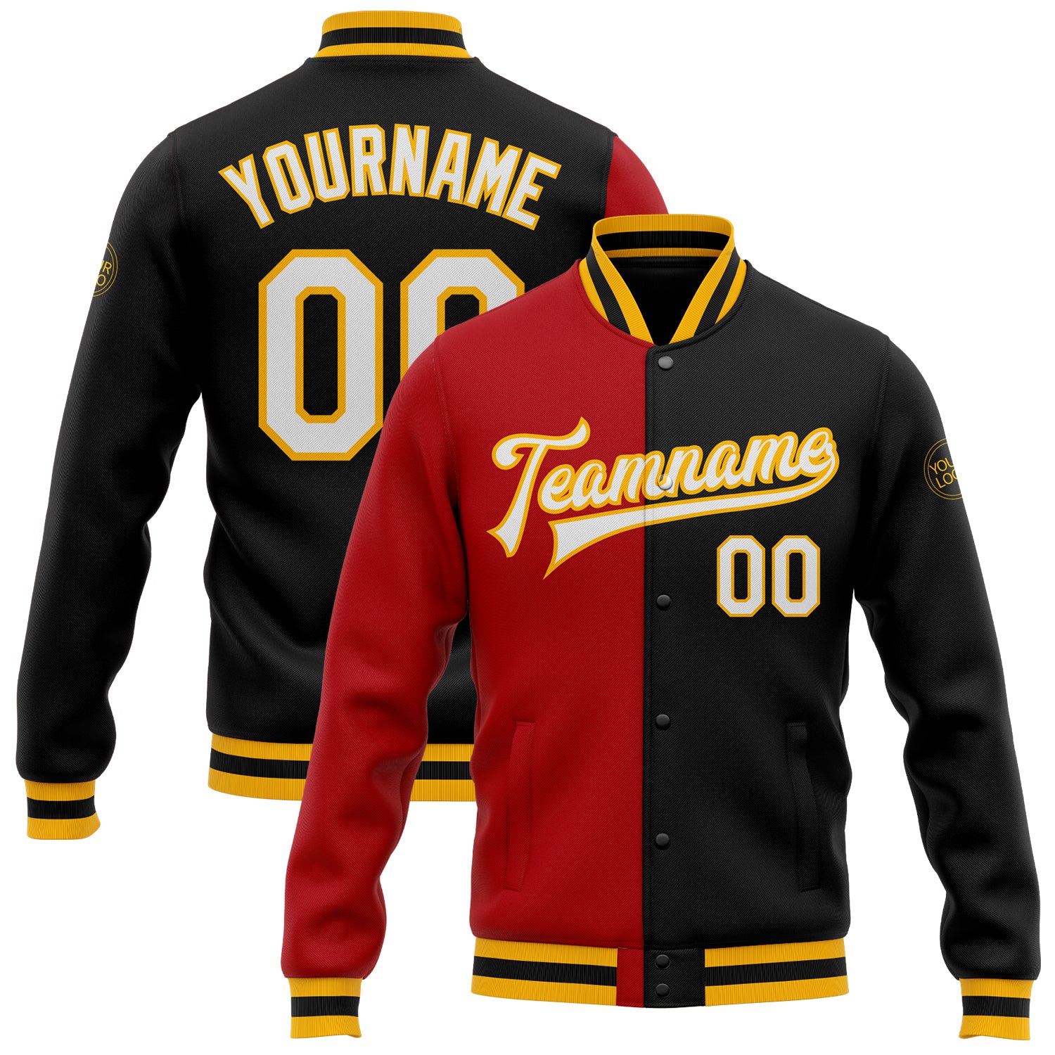 Custom Bomber Jacket Black White Red Gold Varsity Letterman Full Snap Fashion Custom Black White Red-Gold Bomber Full-Snap