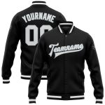 Custom Black White Silver Varsity Letterman Bomber Full-Snap Jacket Custom Black White-Silver Bomber Full-Snap Varsity Letterman