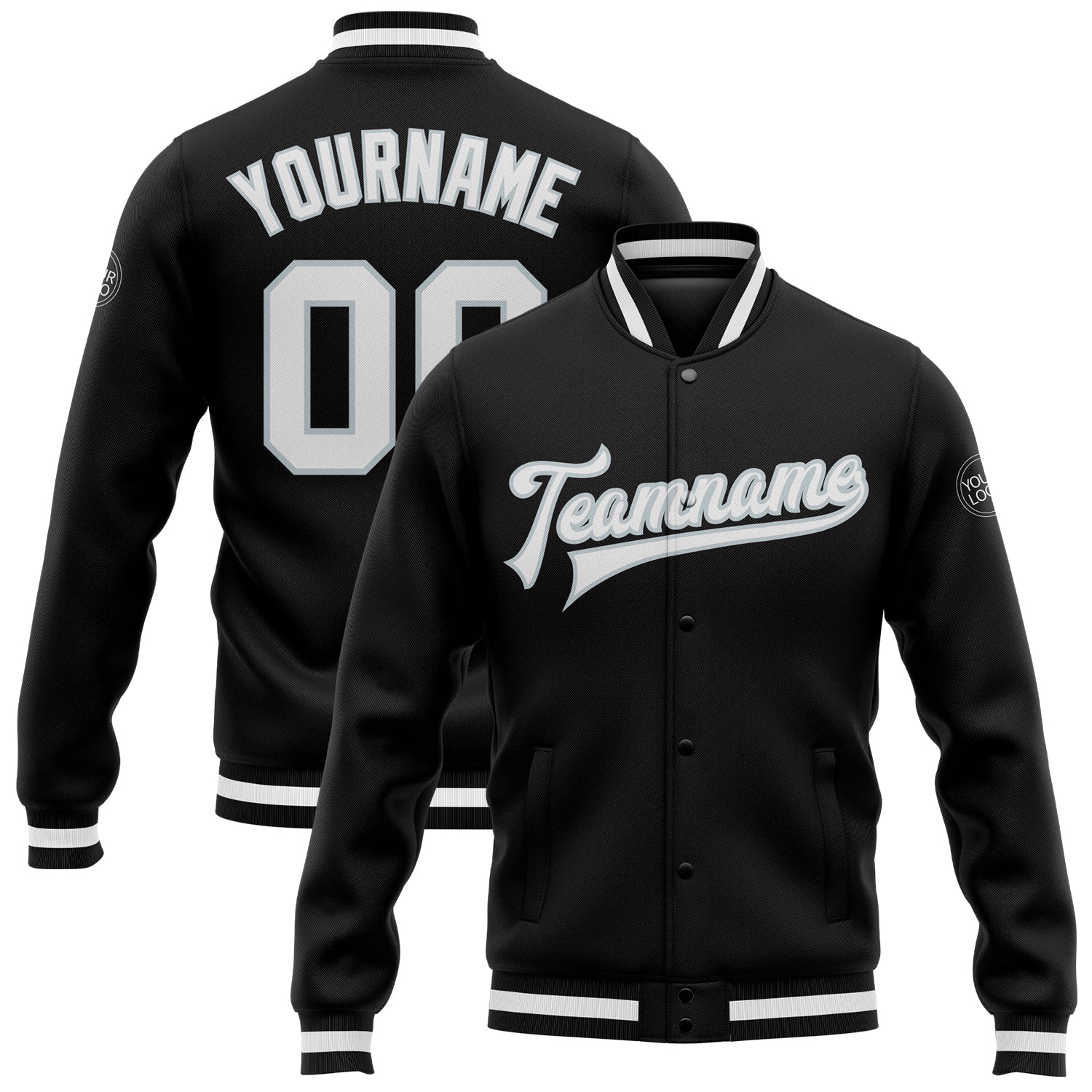 Custom Black White-Silver Bomber Full-Snap Varsity Letterman Jacket Custom Black White Silver Varsity Letterman Bomber Full-Snap Jacket Custom Black White-Silver Bomber Full-Snap Varsity Letterman