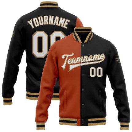 Texas Orange Old Gold Black White Bomber Varsity Letterman Split Fashion Jacket Full-Snap Custom Custom Black White Texas