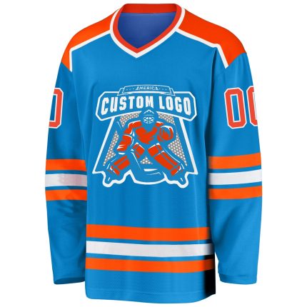 Custom Blue Hockey Jersey - Personalized Orange and White Team Sportswear Custom Blue Orange-White Hockey Jersey