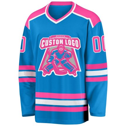 Personalized Blue Pink White Hockey Jersey for Adults and Kids Custom Blue Pink-White Hockey Jersey