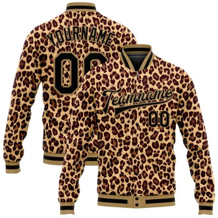 Leopard 3D Pattern Custom Bomber Jacket Full-Snap Varsity Letterman Brown Black Old Gold Custom Brown Black-Old Gold Leopard