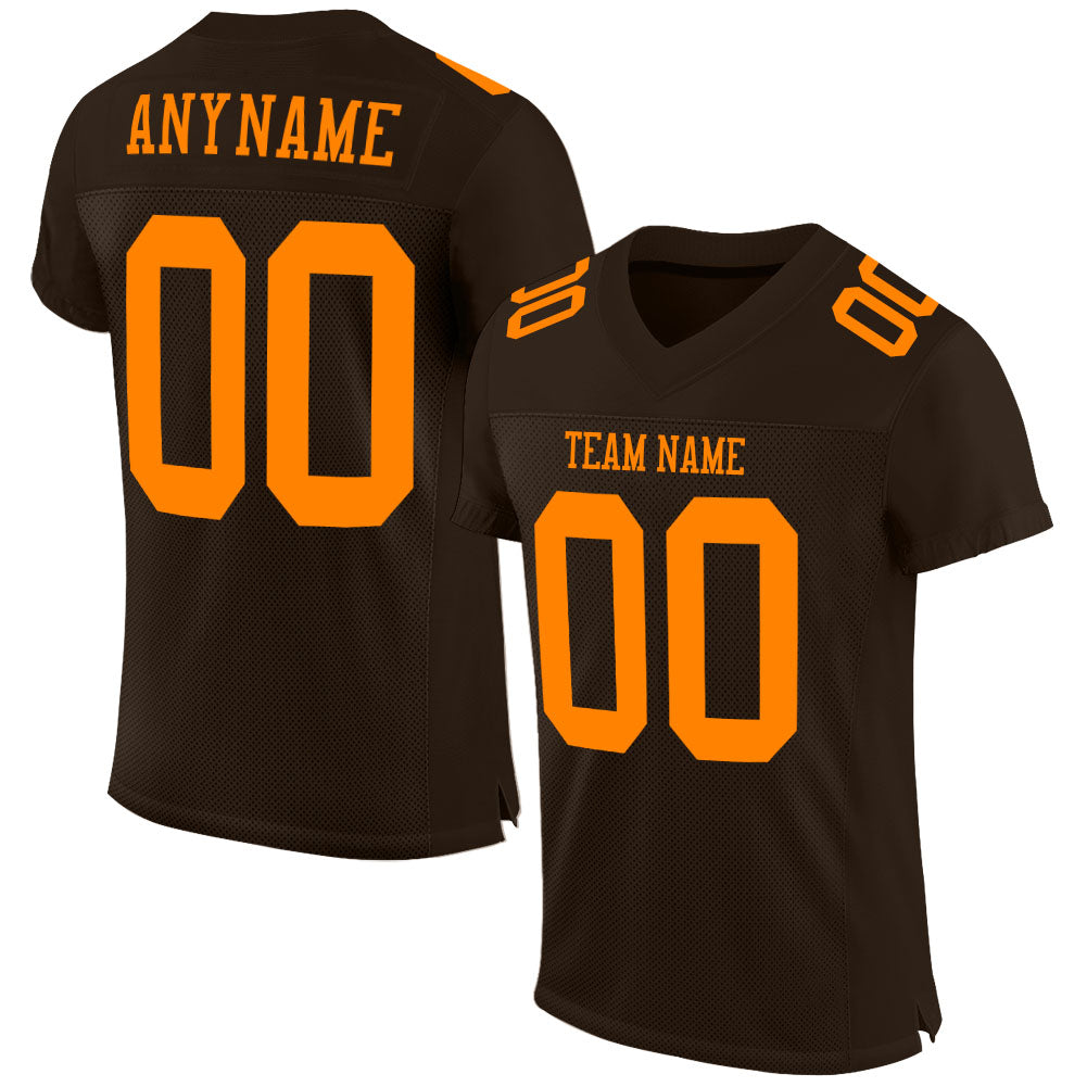Custom Brown Blaze Orange Mesh Authentic Football Jersey Blaze Orange Custom Football Jersey - Authentic Brown Mesh Design Custom Brown Blaze Orange Mesh Authentic Football Jersey