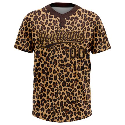 Custom Brown Old Gold Leopard Pattern 3D Softball Jersey - Unisex Two-Button Design Custom Brown Brown-Old Gold 3D Pattern