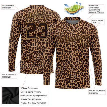 Custom Leopard 3D Pattern Long Sleeve Performance T-Shirt in Brown and Old Gold Custom Brown Brown-Old Gold Leopard 3D Pattern