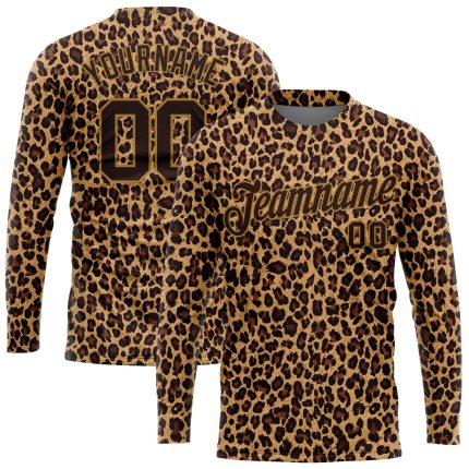 Custom Leopard 3D Pattern Long Sleeve Performance T-Shirt in Brown and Old Gold Custom Brown Brown-Old Gold Leopard 3D Pattern