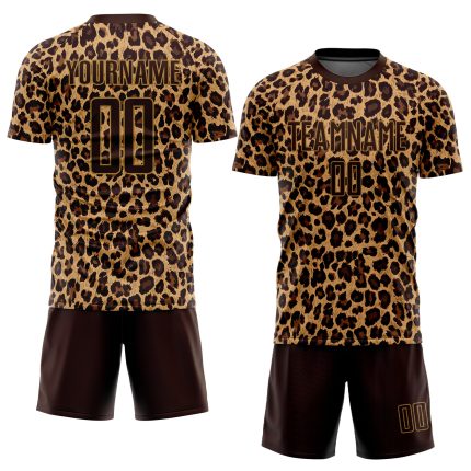 Custom Leopard Soccer Uniform Jersey in Brown and Old Gold - Sublimation Design Custom Brown Brown-Old Gold Sublimation Leopard