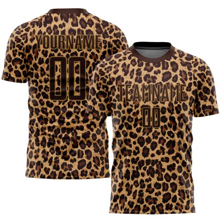 Custom Leopard Soccer Uniform Jersey in Brown and Old Gold - Sublimation Design Custom Brown Brown-Old Gold Sublimation Leopard