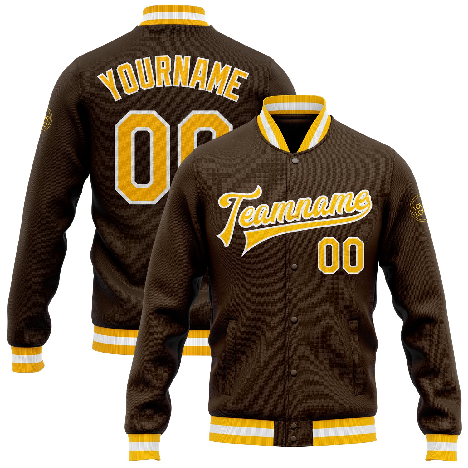 Custom Brown Gold-White Bomber Full-Snap Varsity Letterman Jacket Custom Bomber Jacket in Brown Gold White Full-Snap Varsity Letterman Style Custom Brown Gold-White Bomber Full-Snap Varsity