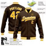 Custom Bomber Jacket in Brown Gold White Full-Snap Varsity Letterman Style Custom Brown Gold-White Bomber Full-Snap Varsity