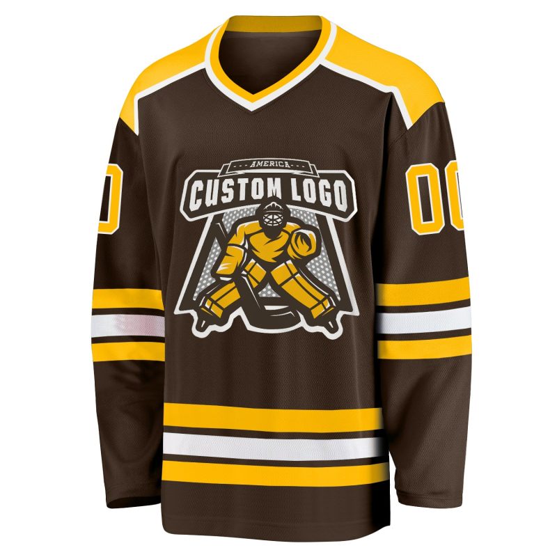 Custom Brown Gold-White Hockey Jersey for Adults - Personalized Sports Apparel Custom Brown Gold-White Hockey Jersey