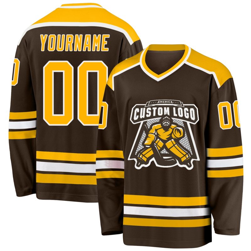 Custom Brown Gold-White Hockey Jersey for Adults - Personalized Sports Apparel Custom Brown Gold-White Hockey Jersey