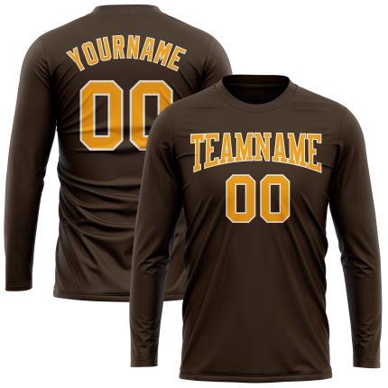 Custom Long Sleeve Performance T-Shirt in Brown Gold and White Custom Brown Gold-White Long Sleeve Performance T-Shirt