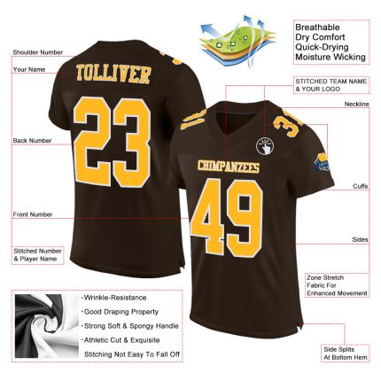 Brown Gold-White Mesh Authentic Football Jersey - Customizable Design Custom Brown Gold-White Mesh Authentic Football Jersey