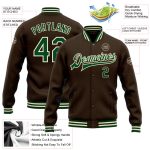 Custom Brown Green Cream Varsity Letterman Bomber Jacket Full-Snap Design Custom Brown Green-Cream Bomber Full-Snap Varsity
