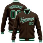 Custom Brown Green White Varsity Letterman Bomber Jacket Full-Snap Custom Brown Kelly Green-White Bomber Full-Snap Varsity