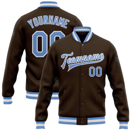 Custom Brown Blue White Varsity Bomber Jacket Full-Snap Letterman Style Custom Brown Light Blue-White Bomber Full-Snap Varsity