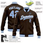 Custom Brown Blue White Varsity Bomber Jacket Full-Snap Letterman Style Custom Brown Light Blue-White Bomber Full-Snap Varsity