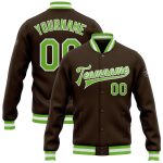 Custom Brown Neon Green White Varsity Bomber Jacket Full-Snap Letterman Custom Brown Neon Green-White Bomber Full-Snap Varsity