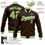 Custom Brown Neon Green White Varsity Bomber Jacket Full-Snap Letterman Custom Brown Neon Green-White Bomber Full-Snap Varsity