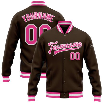 Custom Varsity Letterman Jacket Brown Pink White Full-Snap Bomber Stylish Mens Outerwear Custom Brown Pink-White Bomber Full-Snap