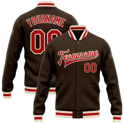 Brown Red-Cream Custom Varsity Letterman Jacket Full-Snap Bomber Style Custom Brown Red-Cream Bomber Full-Snap Varsity Letterman
