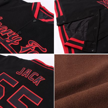 Brown Red-Cream Custom Varsity Letterman Jacket Full-Snap Bomber Style Custom Brown Red-Cream Bomber Full-Snap Varsity Letterman