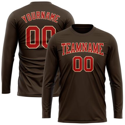 Brown Red-Cream Long Sleeve Performance T-Shirt for Men - Custom Fit Athletic Tee Custom Brown Red-Cream Long Sleeve Performance