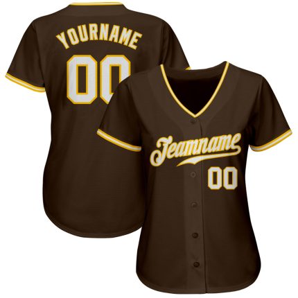 Custom Authentic Baseball Jersey in Brown and White-Gold Style 8696 Custom Brown White-Gold Authentic Baseball Jersey Style